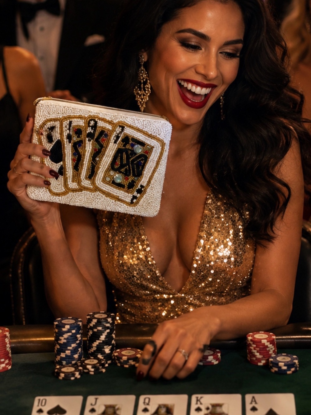 Beaded White Poker Card Wristlet Clutch with Gold Accents